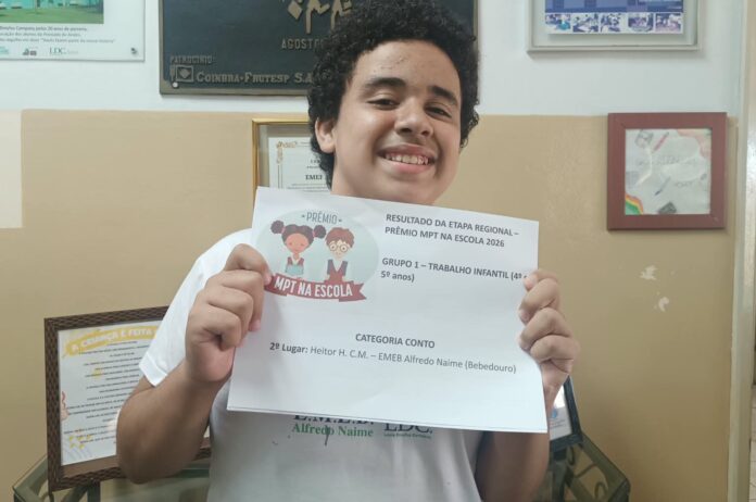 Aluno da EMEB Alfredo Naime conquista 2º lugar em etapa do Prêmio MPT na Escola
