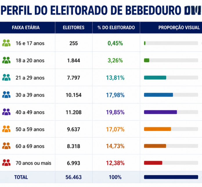 Eleitores de 40 a 49 anos formam a maior parcela do eleitorado de Bebedouro, aponta TSE