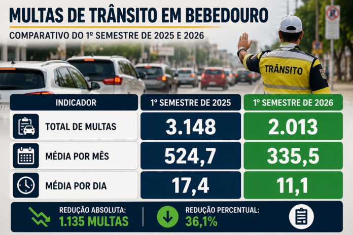 Multas de trânsito caem 36,1 em Bebedouro no primeiro semestre de 2026