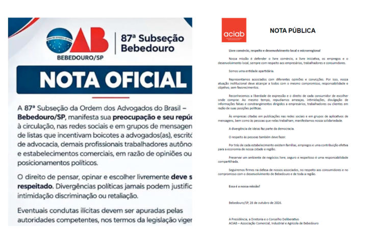 OAB e Aciab repudiam listas de boicote político em Bebedouro